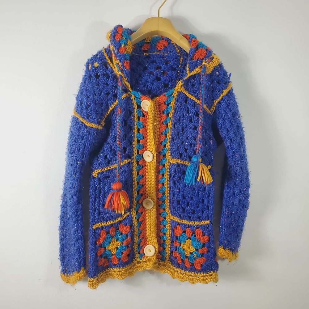 Vintage Granny Square Crochet  Cardigan Sweater Blue Mustarde Coat